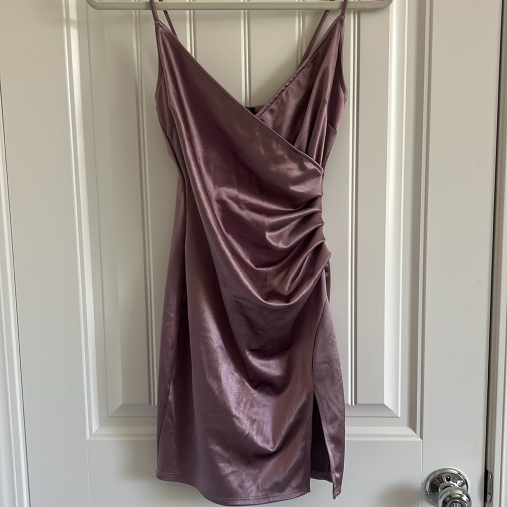 Mauve Satin Ruched Side Dress